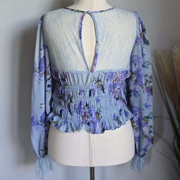 Free People, Daphne Blue Floral Lace Blouson Sleeve Smocked Blouse, SZ Large - Picture 9 of 14